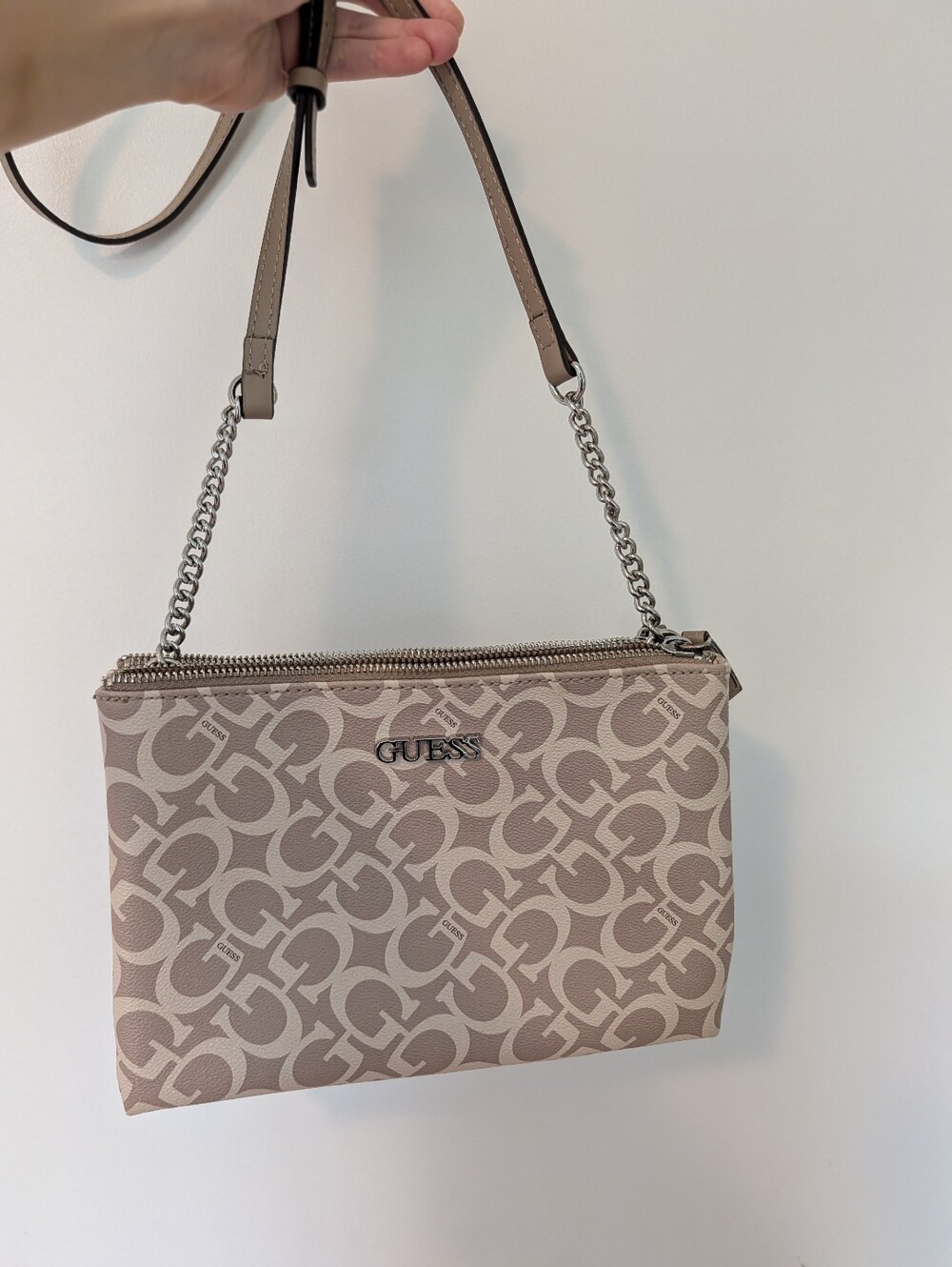 GUESS Taupe Logo Pattern Crossbody